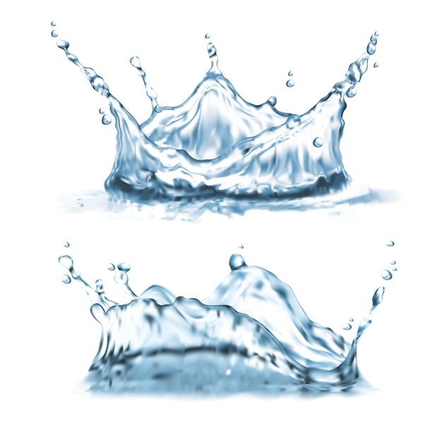 Set con spruzzi d'acqua, forme astratte con goccioline, corona splatter Vettore gratuito