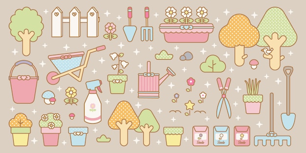 Set da giardino kawaii Vettore Premium