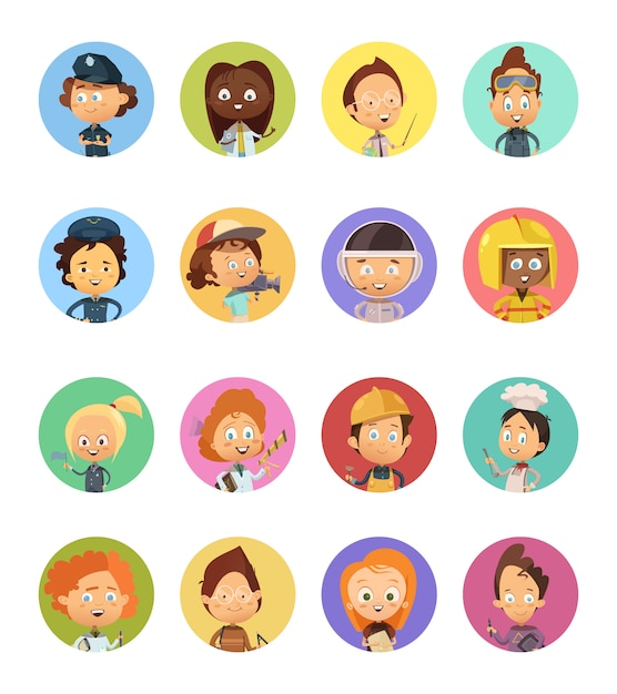 Set di avatar di cartoni animati di professioni di persone utilizzate per i bambini con le immagini Vettore gratuito