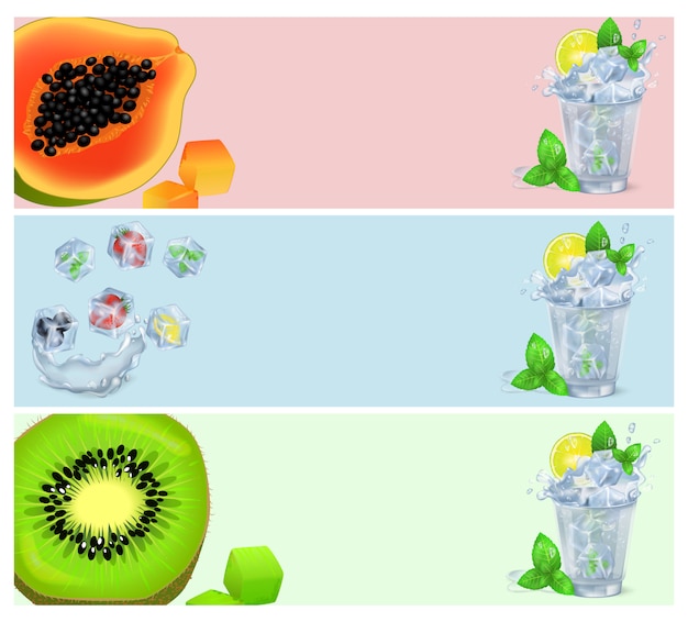 Set di banner con frutta tropicale in cubetti di ghiaccio e cocktail Vettore Premium