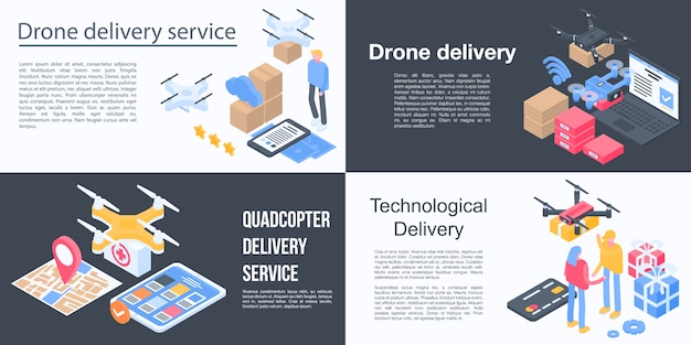 Set di banner di servizio di consegna drone, stile isometrico Vettore Premium