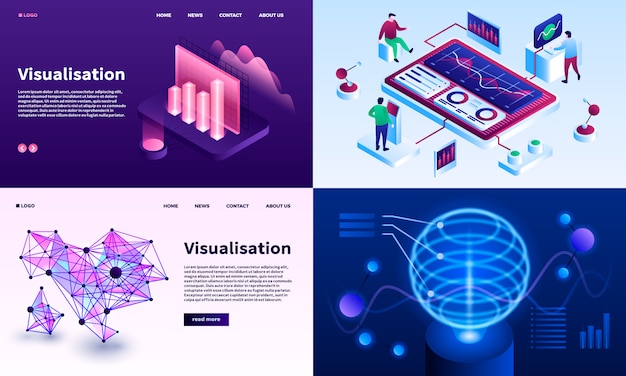 Set di banner di visualizzazione. set di visualizzazione isometrica Vettore Premium