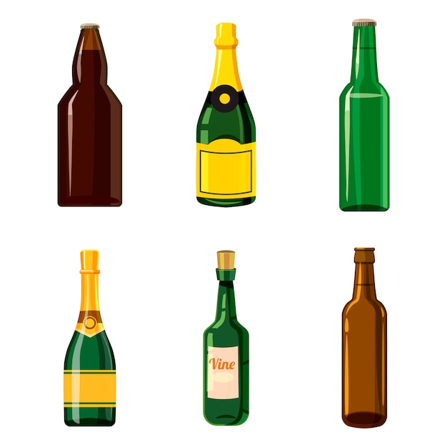 Set di bottiglie di alcolici cartone animato set di bottiglia di alcol Vettore Premium