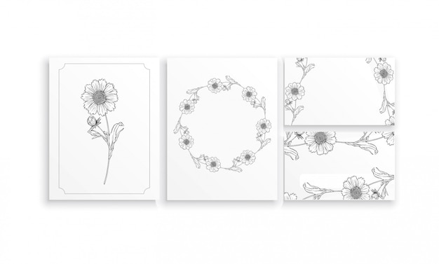 Set di carte e biglietti da visita con composizioni floreali grafiche con fiori di camomilla Vettore Premium