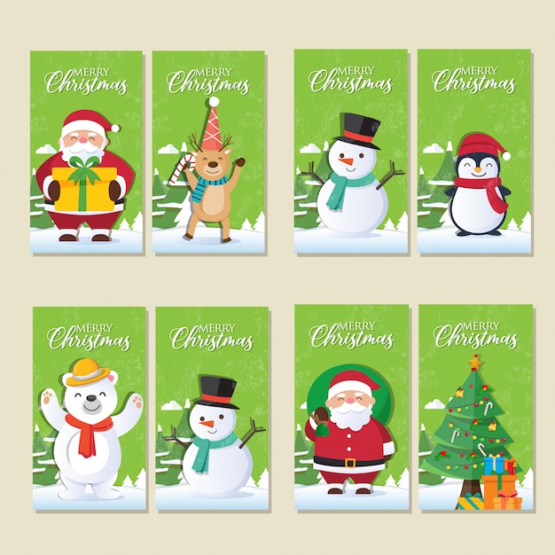 Babbo Natale 94.Set Di Cartoline Di Natale Con Decorazioni Di Natale E Babbo Natale Vettore Premium
