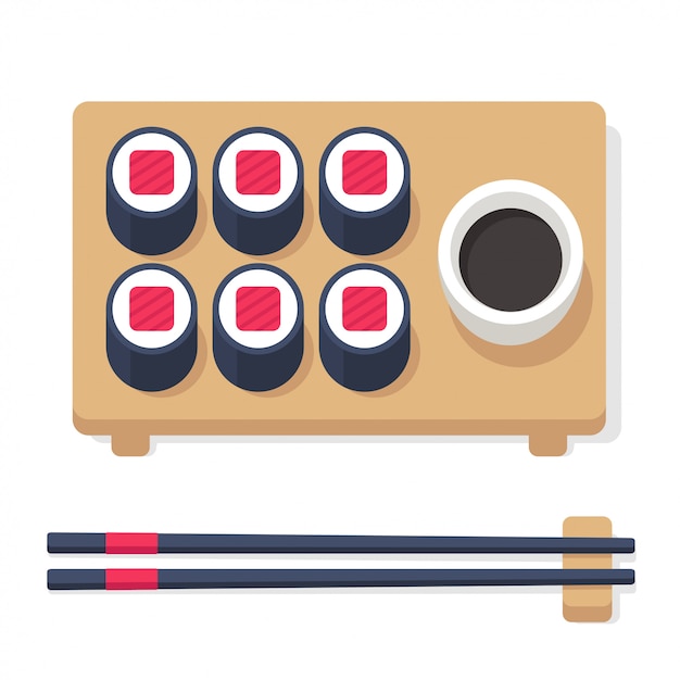 Set di cibo giapponese, involtini di sushi con le bacchette e accessori. Vettore Premium