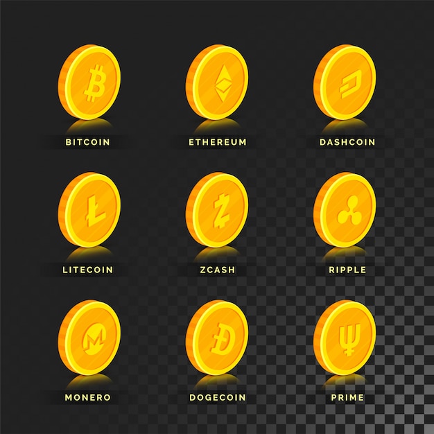 Set di criptovalute con monete d'oro su sfondo grigio. | Vettore Premium