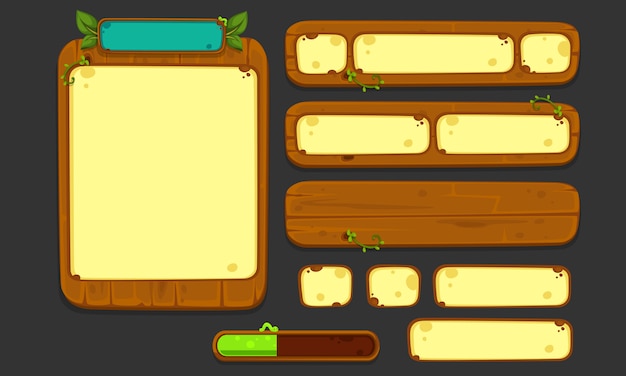 Set di elementi dell'interfaccia utente per giochi e app 2d, interfaccia utente gioco jungle parte 2 Vettore Premium