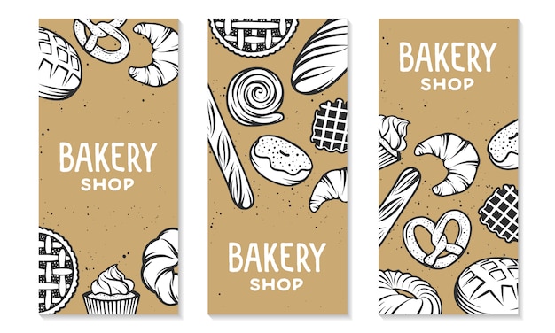 Set di elementi incisi da forno. design tipografico con pane, pasticceria, torta, focacce, dolci, cupcake. Vettore Premium