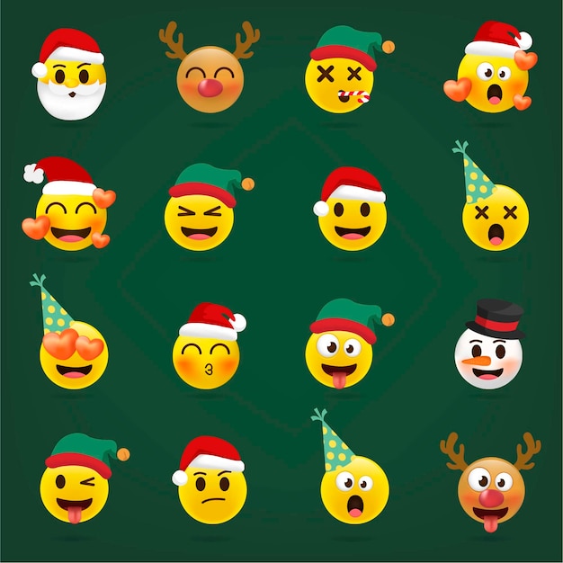 Emoticon Di Natale.Set Di Emoji Di Natale Collezione Di Emoticon Vacanza Vettore Premium