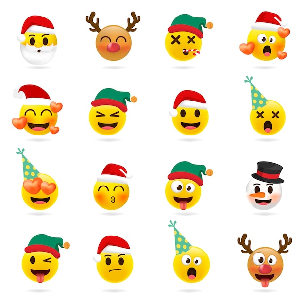 Emoticon Di Natale.Set Di Emoji Di Natale Insieme Di Festa Delle Icone Del Fronte Di Natale Con Differenti Emozioni Vettore Premium