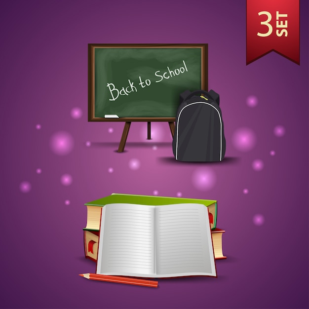 Set di icone 3d torna a scuola, consiglio scolastico, zaino scuola, libri scolastici e notebook Vettore Premium