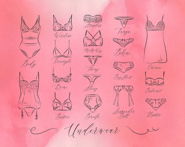 Set di icone di biancheria intima classica in stile vintage disegno con linee su sfondo rosa Vettore Premium
