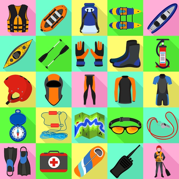 Set di icone di rafting. set piatto di vettore di rafting Vettore Premium