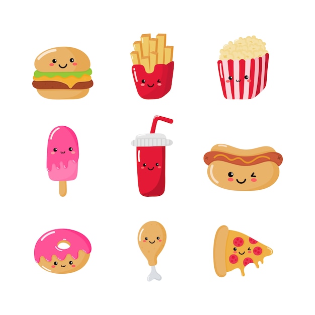 Set di icone di stile kawaii divertente carino fast food isolato Vettore Premium