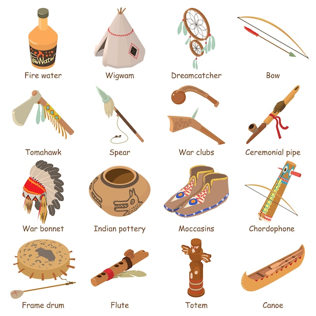 Set di icone etniche americane indiani. un'illustrazione isometrica di 16 icone etniche americane di vettore degli indiani per il web Vettore Premium