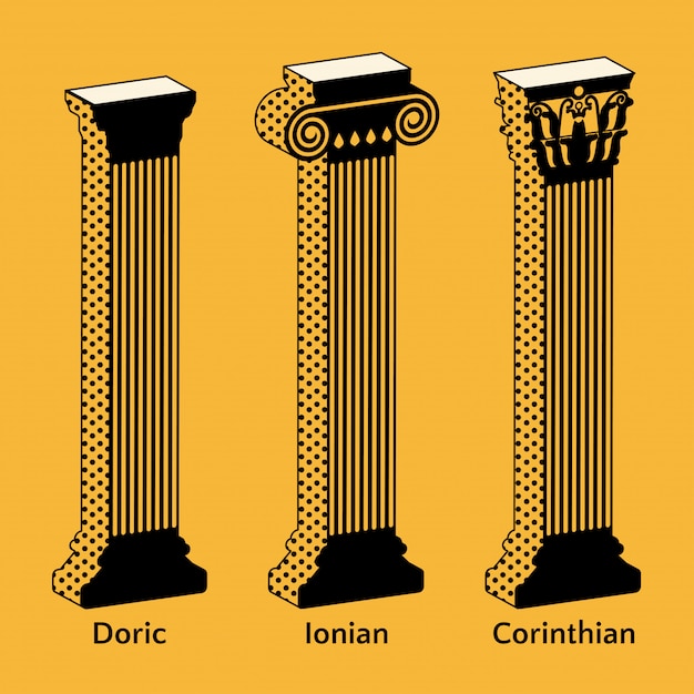 Set di icone isometriche di colonne greche antiche in stile retrò Vettore Premium