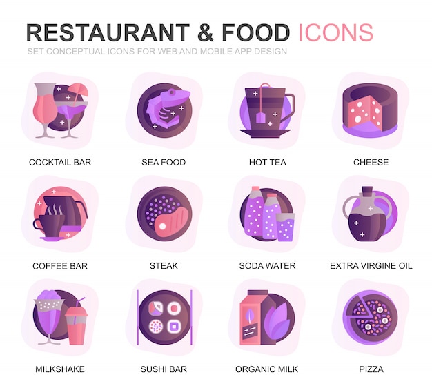 Set di icone moderne di ristorante e cibo gradiente piatto Vettore Premium
