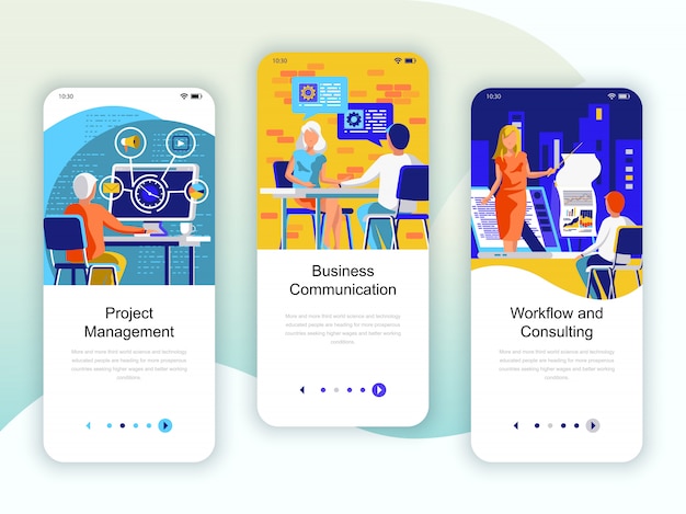 Set di kit di interfaccia utente per schermi onboarding Vettore Premium