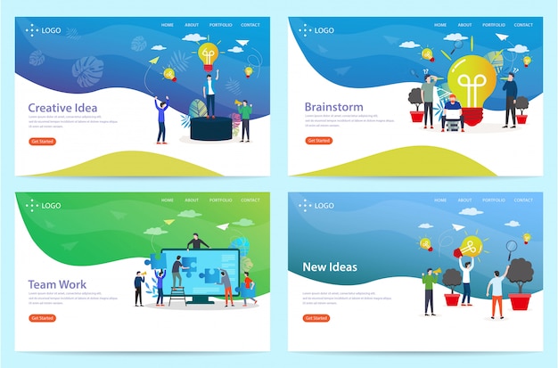 Set di landing page con il tema brainstorming, illustrazione Vettore Premium