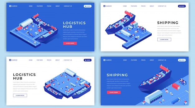 Set di layout di destinazione per spedizioni marittime. idea dell'interfaccia della homepage del sito web di logistica di trasporto con le illustrazioni isometriche Vettore Premium
