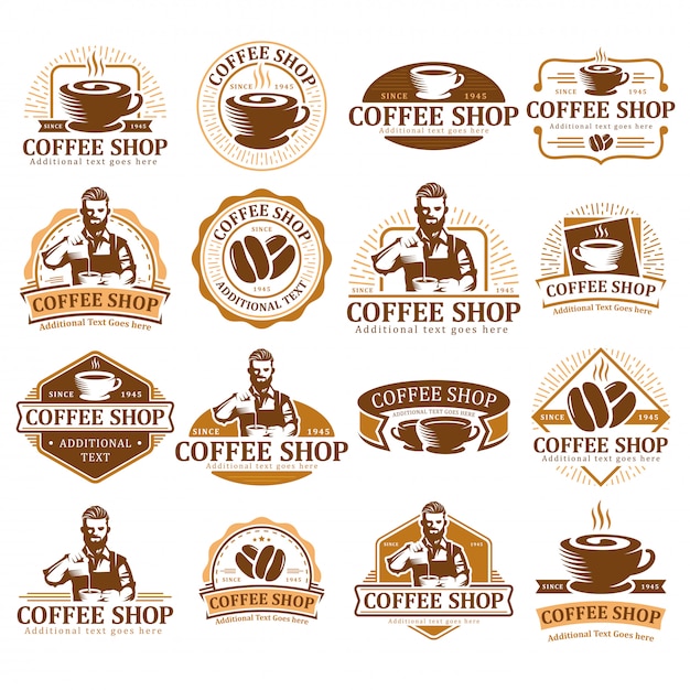 Set di logo caffè, badge etichetta caffè o pacchetto emblema, collezione di etichette bar. Vettore Premium