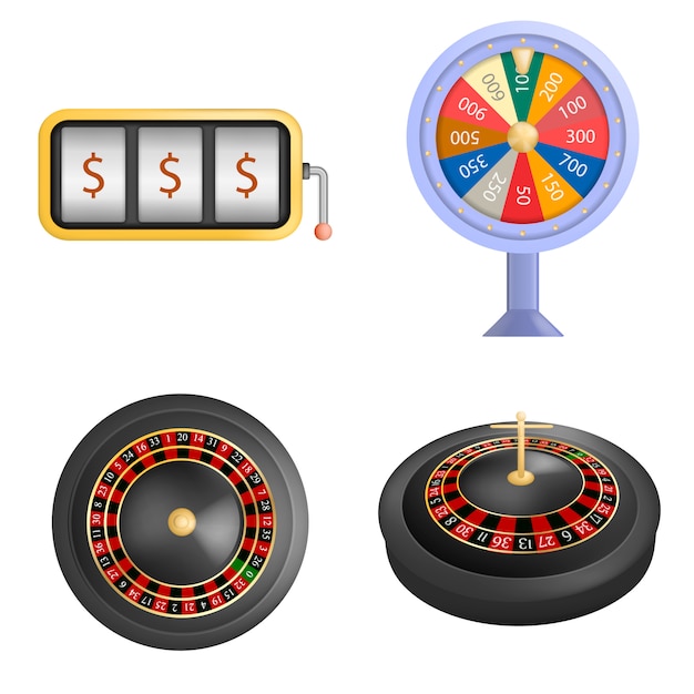 Set di mockup di gioco di spin fortuna fortuna ruota. un'illustrazione realistica di 4 modelli di gioco di spin di fortuna ruota della roulette per il web Vettore Premium