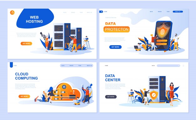 Set di modello di pagina di destinazione per hosting, protezione dati, data center, cloud computing Vettore Premium