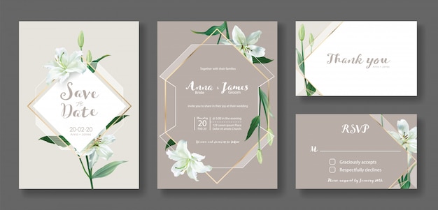 Set di modello di scheda dell'invito di nozze. fiore di giglio bianco. Vettore Premium