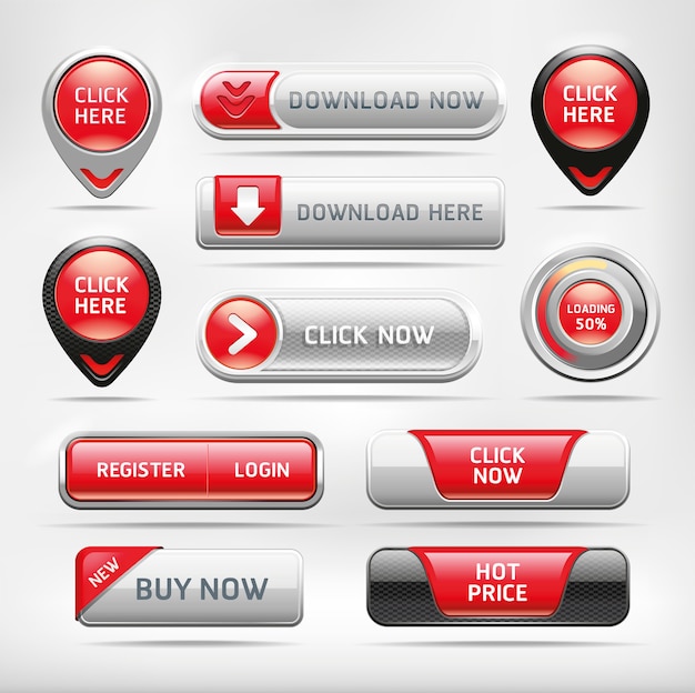 Set di pulsanti elementi web rosso lucido. Vettore Premium