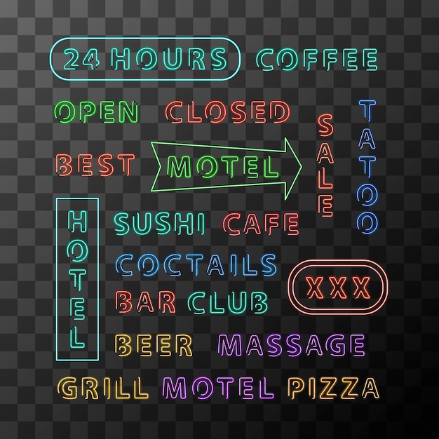 Set di schede di segno al neon differenti per città di notte su sfondo trasparente Vettore Premium