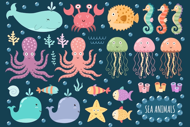 Set di simpatici animali marini. elementi isolati sott'acqua. ottimo per la baby shower e il design per bambini. balena, polpi, granchi, meduse, pesci globo, cavallucci marini e altro Vettore Premium