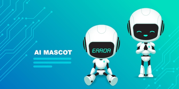 Set di simpatico personaggio di robot ai con sfondo di circuiti Vettore Premium