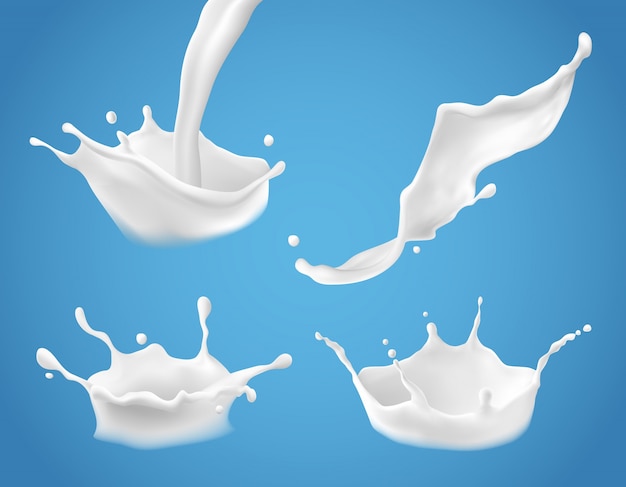 Set di spruzzi di latte vettoriale 3d e versando, prodotti lattiero-caseari realistici, yogurt o crema Vettore gratuito