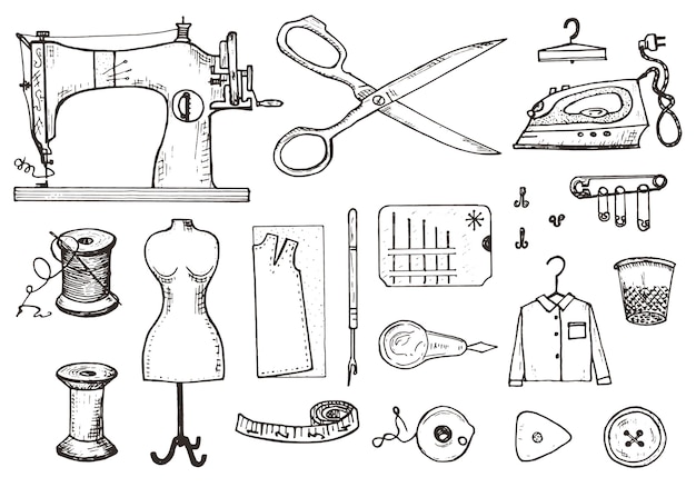 Disegni Per Ricami A Mano.Set Di Strumenti Per Cucire E Materiali O Elementi Per Ricamo Attrezzature Fatte A Mano Vettore Premium