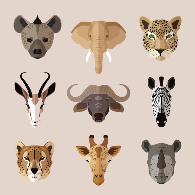 Set di teste di animali africani. iena, elefante, giaguaro, gazzella, bufalo, zebra, leopardo, giraffa e rinoceronte Vettore gratuito