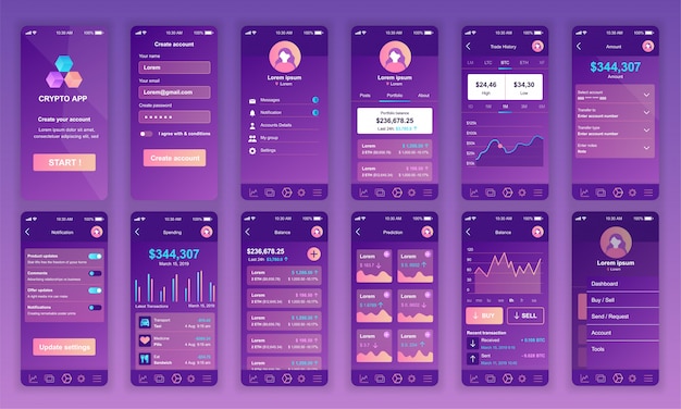 Set di ui, ux, schermate gui app di cryptocurrency piatta Vettore Premium