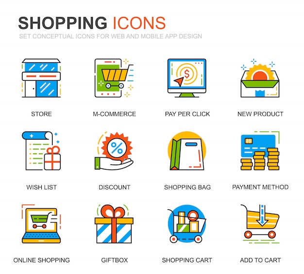 Set semplice shopping e icone di linea e-commerce per sito web Vettore Premium