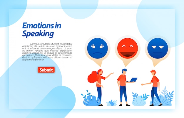 Sfoga e chatta con emoji ed emoticon. le persone comunicano, dialogano, discutono, parlano dei problemi e si divertono. modello web della pagina di destinazione Vettore Premium