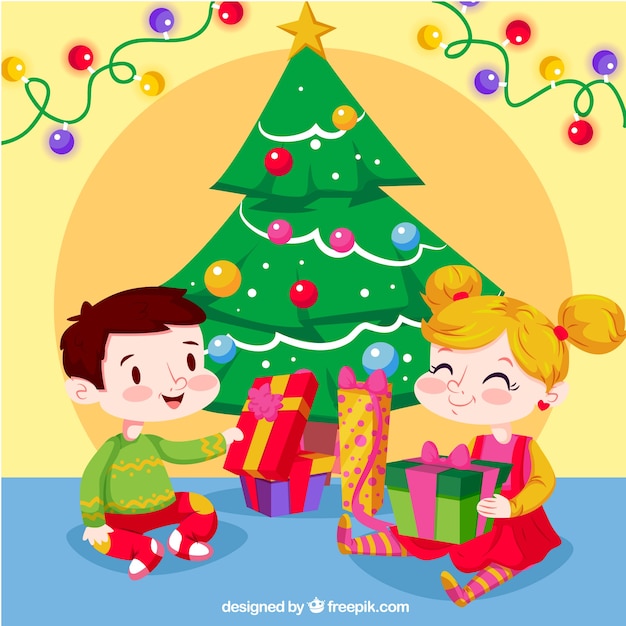 Bimbi Che Aprono I Regali Di Natale.Sfondo Di Bambini Felici Che Aprono Regali Di Natale Vettore Gratis