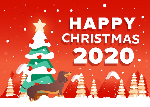Natale 2020.Sfondo Di Natale 2020 Felice Con Cane Bassotto Alberi Montagne Vettore Premium