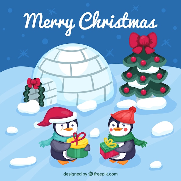 Sfondi Natalizi Paesaggi.Sfondo Di Paesaggio Di Ghiaccio Con I Pinguini Di Natale Vettore Gratis