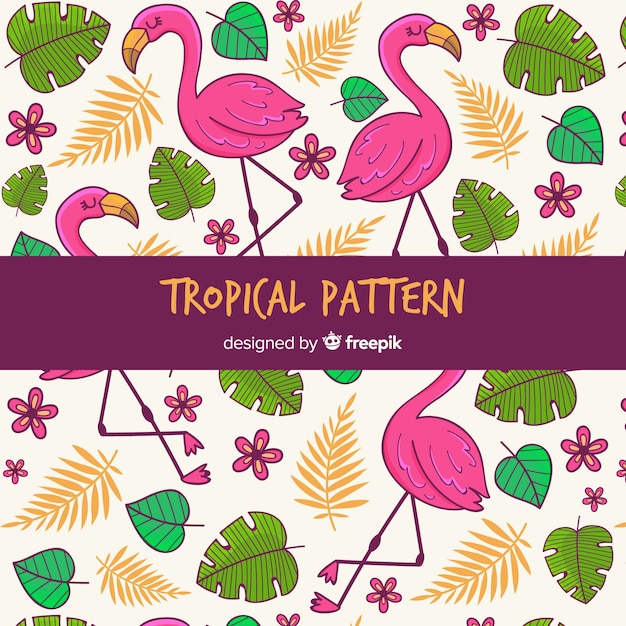 Sfondo modello tropicale con fiori, foglie e fenicotteri Vettore gratuito
