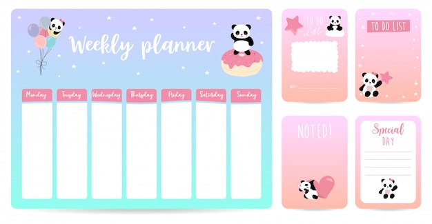 Simpatico capretto settimanale planner con unicorno, arcobaleno e nuvola Vettore Premium