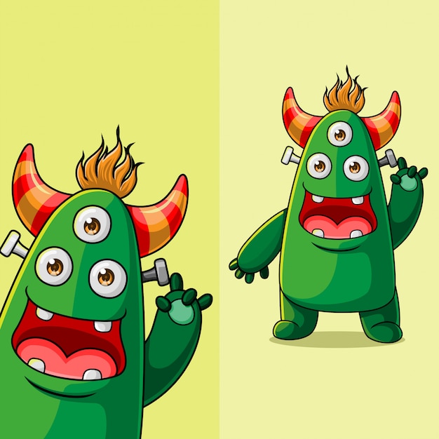 Simpatico personaggio a tre occhi mostro agitando, con diversa posizione dell'angolo di visualizzazione, disegnato a mano Vettore Premium