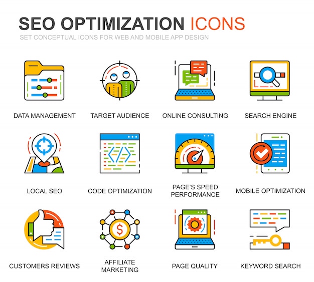 Simple set seo e web optimization line icons per sito web Vettore Premium