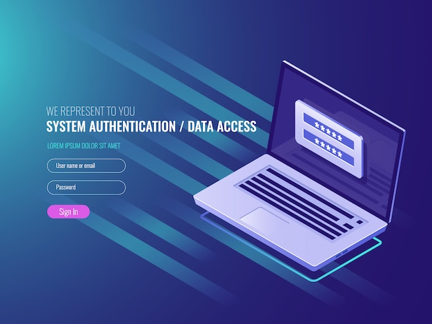 Sistema di autenticazione, accesso ai dati, modulo di accesso utente sullo schermo del laptop Vettore gratuito