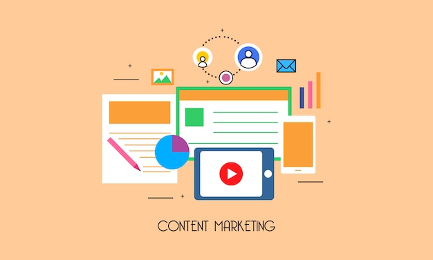 Sistema di marketing dei contenuti di design piatto Vettore Premium