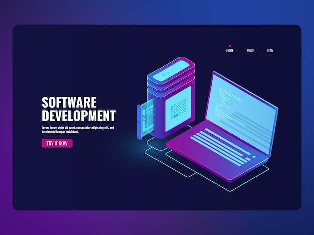 Software di banking online, laptop con codice del programma sullo schermo Vettore gratuito