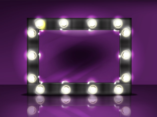Specchio per il trucco con l'illustrazione della lampadina di retro struttura nera con luce realistica Vettore gratuito